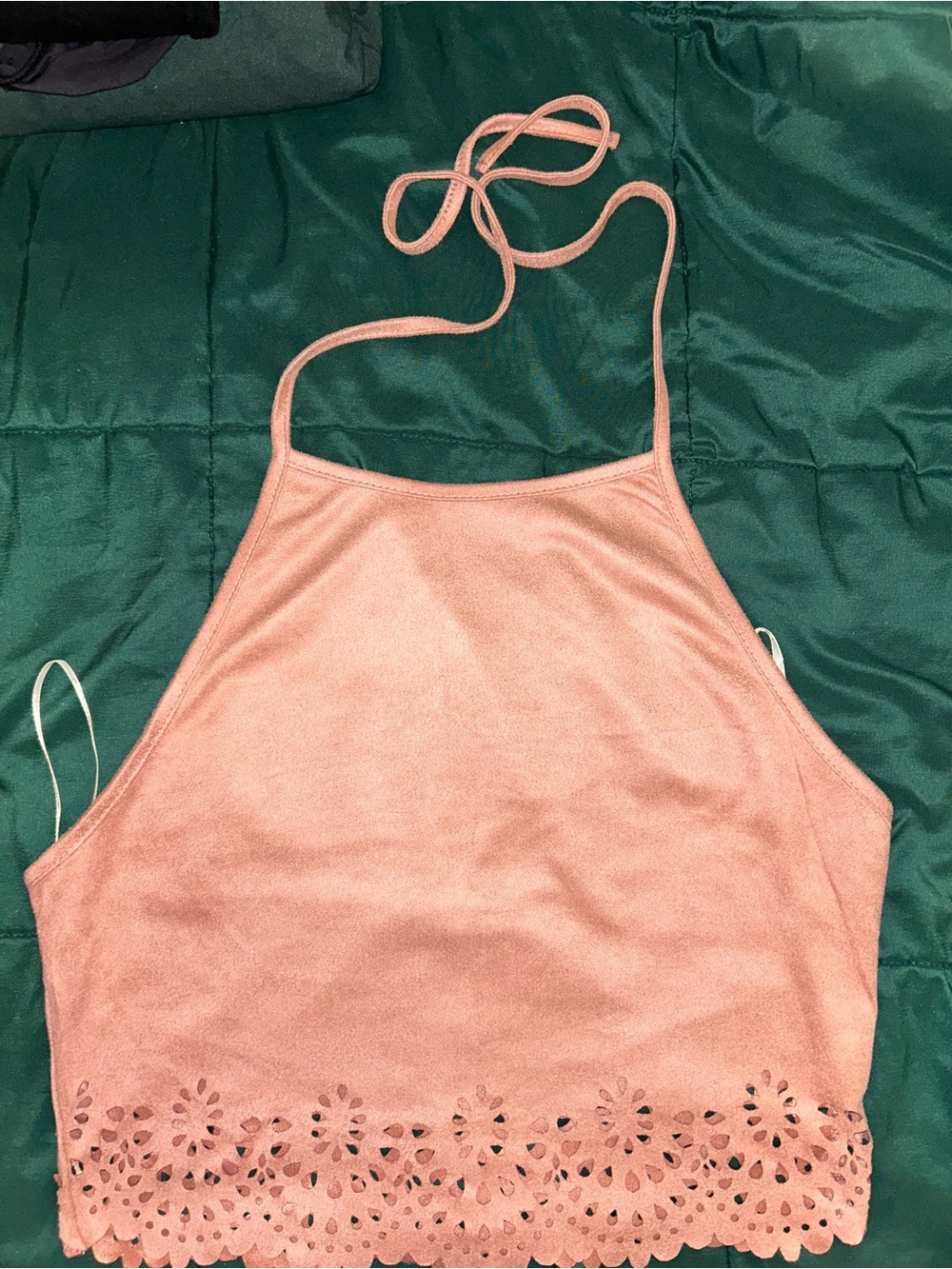 SHEIN Pink Halter Crop Top with Laser-Cut Floral Hem